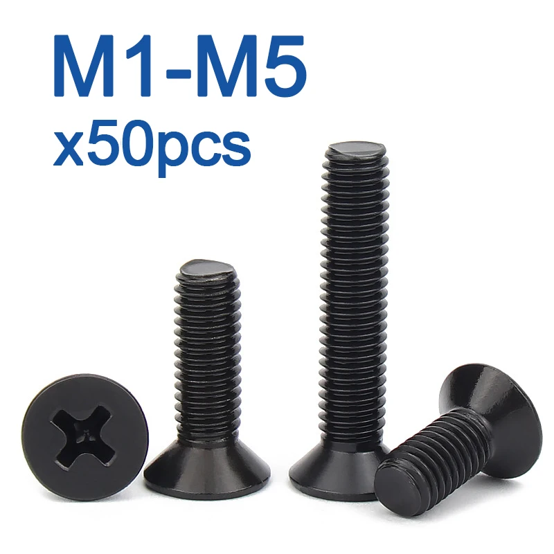 

50pcs/lot M1 M1.2 M1.4 M1.6 M1.7 M2 M2.5 M3 M3.5 M4 M5 KM Mini Small Black Steel KM Phillips Flat Countersunk Head Screw Bolt