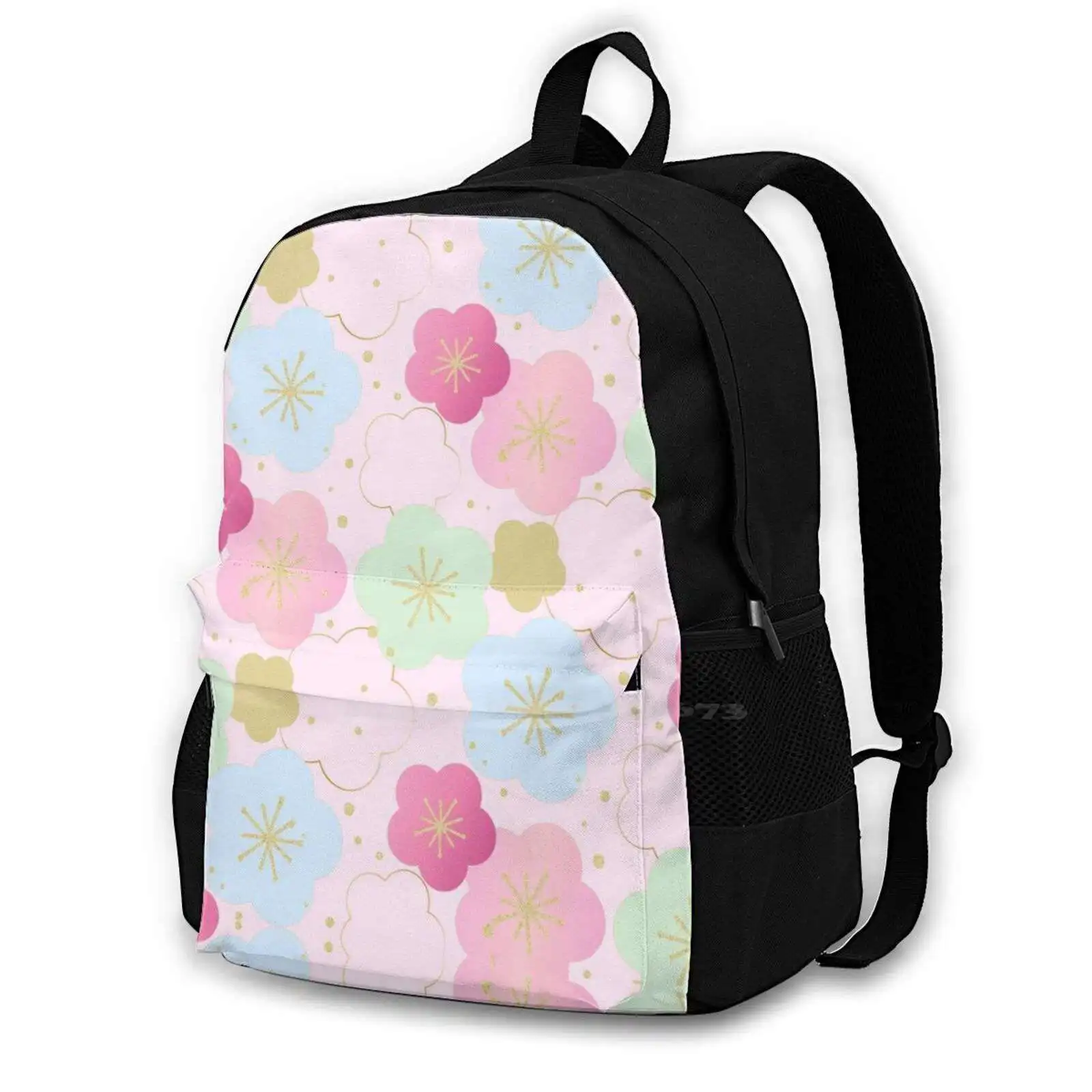 Pink And Mint Green Japanese Floral Pattern 491D Print Design Backpack Student Bag Japanese Art Watercolour Watercolor Japanese