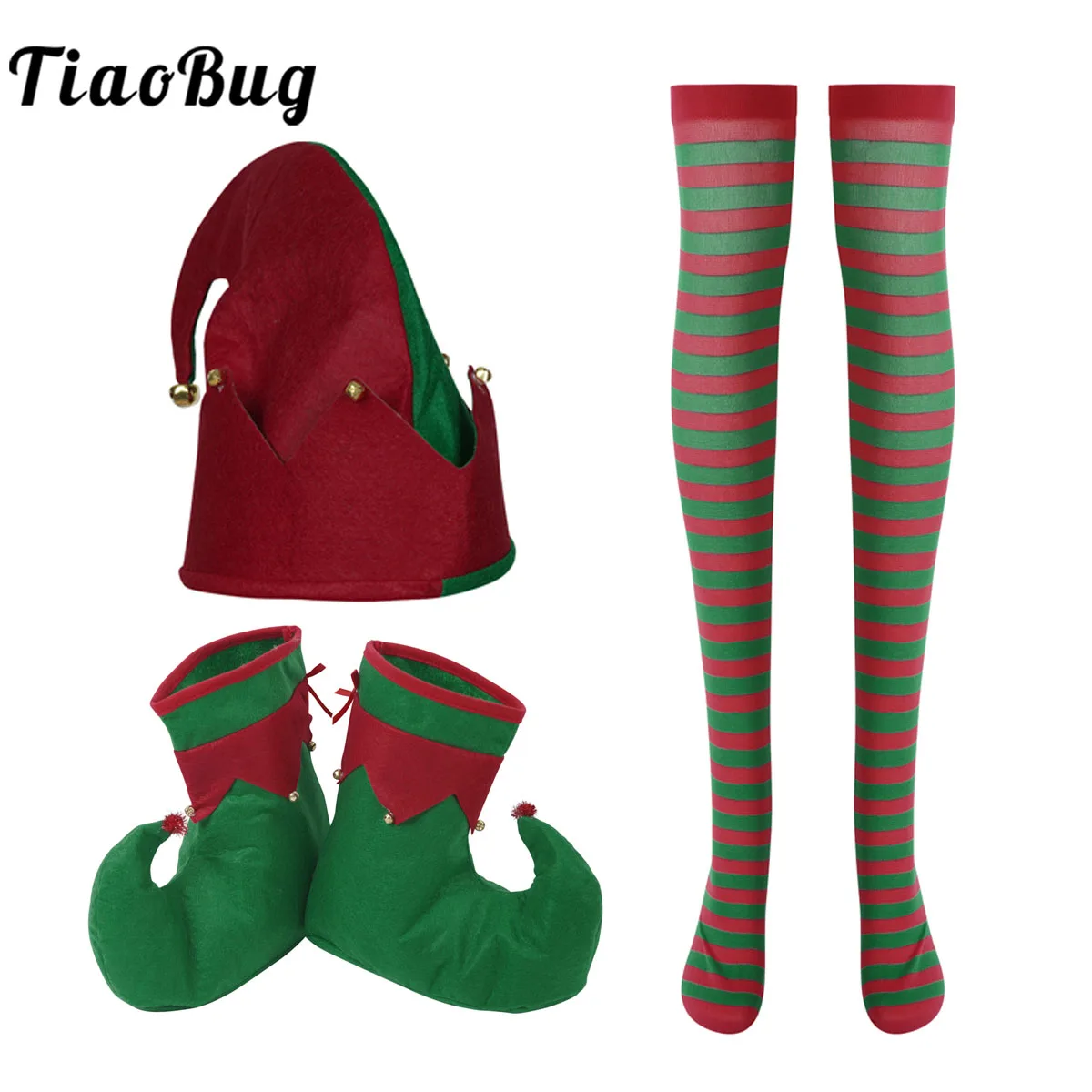 Elf de natal cosplay acessórios do traje adulto criança elf chapéu sapatos listrado meias roupas natal festivel postume