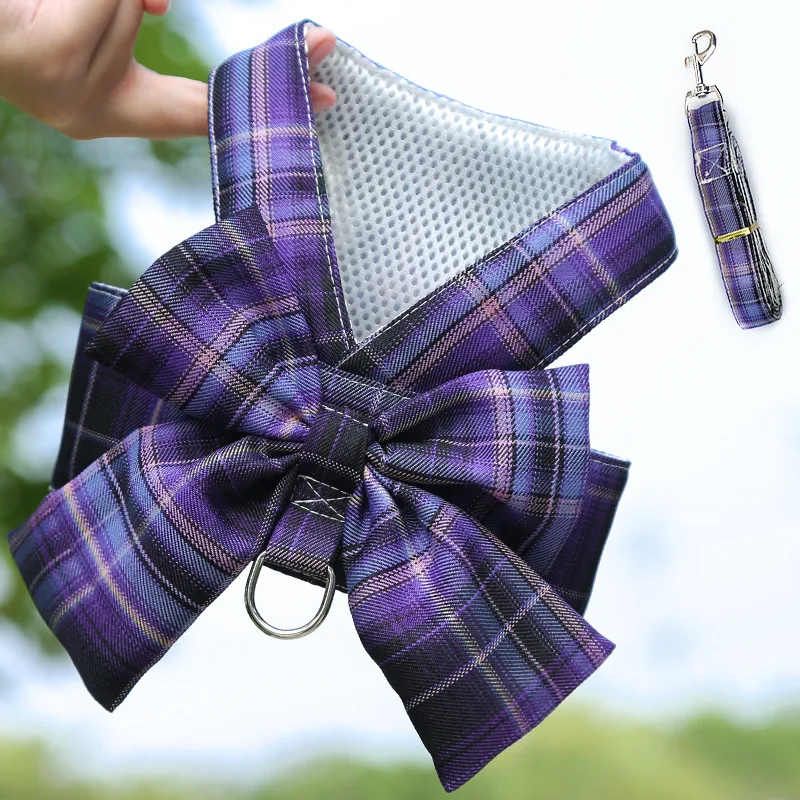 Gitter Hund Kleid Harness Und Leine Set Schöne Pet Hund Kleidung Für Kleine Hunde Chihuahua Rock Französisch Bulldog Welpen Kleid kragen – Detail 4