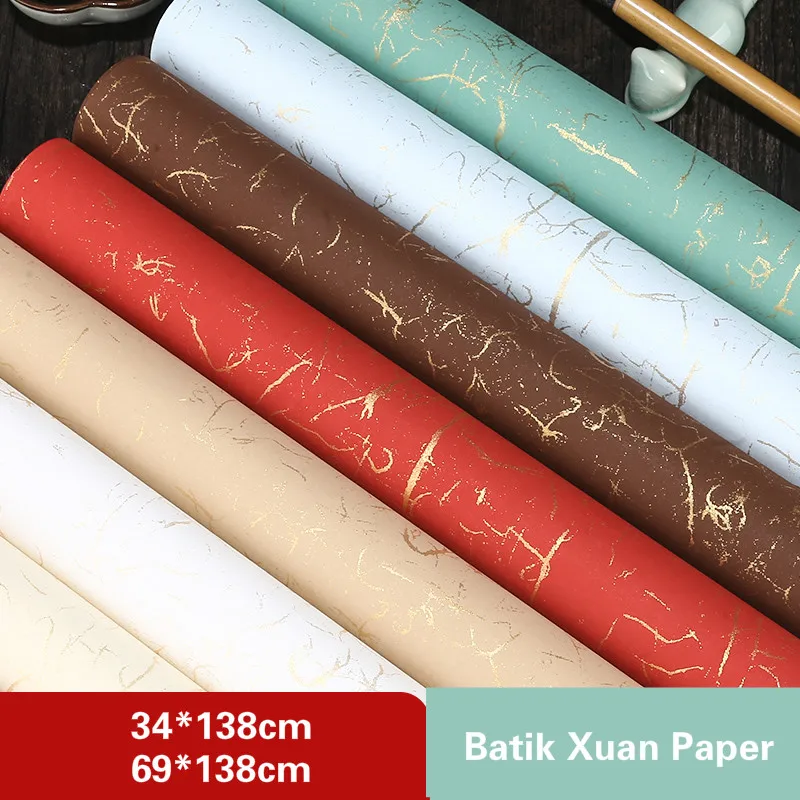 Chinese Batik Rice Paper 10sheets Half-Ripe Gold Foil Xuan Paper for Painting Calligraphy Chinese Rice Paper with Golden Pattern