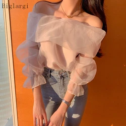 Off Shouder Top Women Mesh Blouse Korean Style Long Sleeve Woman Blouses Fashion Ladies Tops 2023 Blusas Mujer