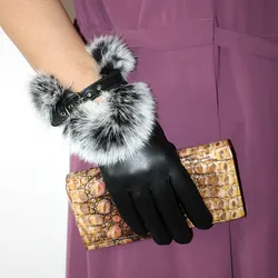Winter warm sheepskin leather gloves women's fashion 2021 new rabbit fur mouth velvet lined wind and cold driving gloves