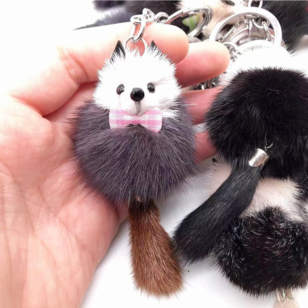 Mink Fur Pom Pom Ball Cute Keychain Charms Fluffy Bow Fox Key Chains Pendant Women Bags Backpack Accessories Car Keyring