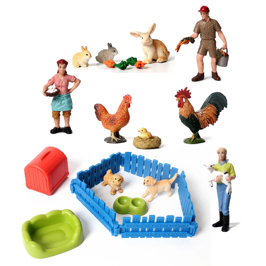 Simulation Farm World Poultry Animal Farmers Model Dog,Rabbit,Hen with Feeder Cute Figurine Miniature Educational Kids Toy Gift