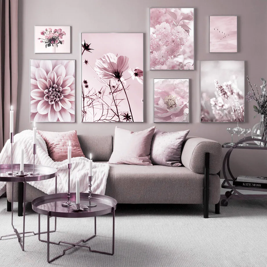 Pink Flower Cherry Blossom Rose Peony Sky Bird Nordic Posters And Prints Wall Art Canvas Painting Wall Pictures For Living Room