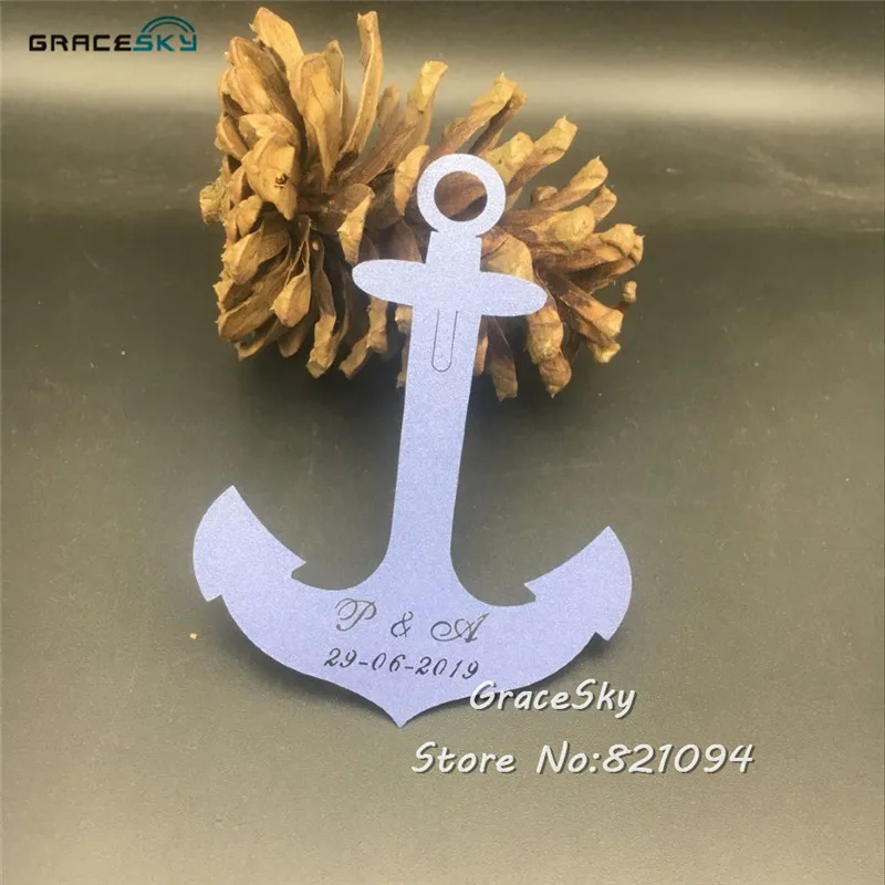 

50pcs Free Shipping laser Cut pearl Nautical Anchor Name Cup Cards Wedding party Invitation Name Mark cards for party supplies