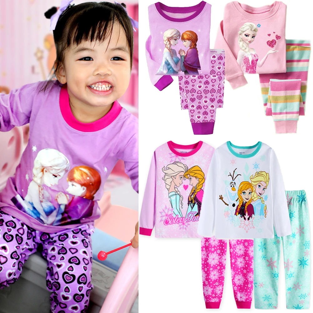 Dondurulmuş 2'li Kız Pijama Anna Elsa Prenses Çocuk Pijama Çocuk Karikatür Giyim Seti Bebek Uzun Kollu Pijama Ev Kostüm