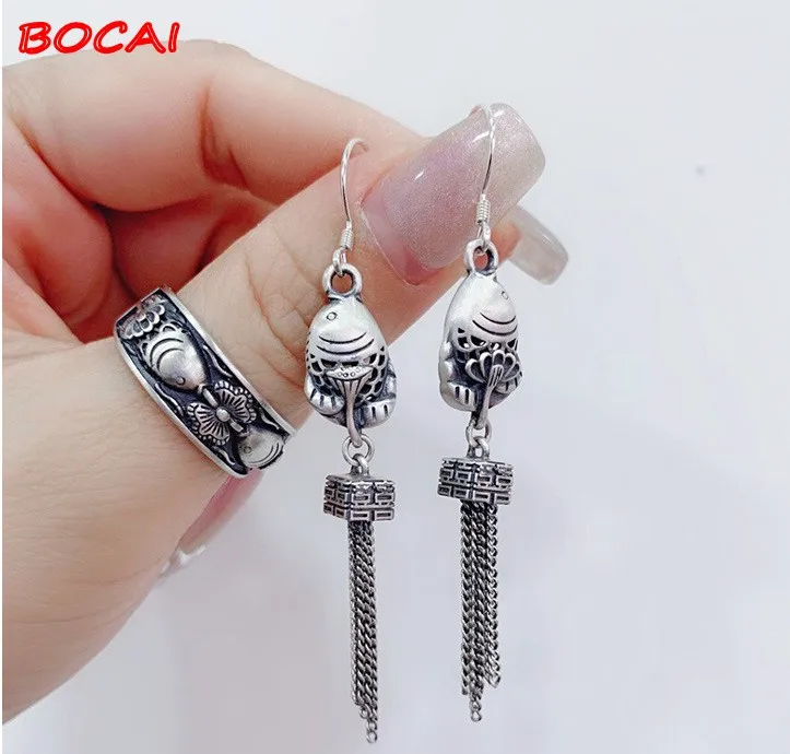 

New s925 sterling silver pair of fish ring retro simple style new Chinese tassel long earrings two-piece set