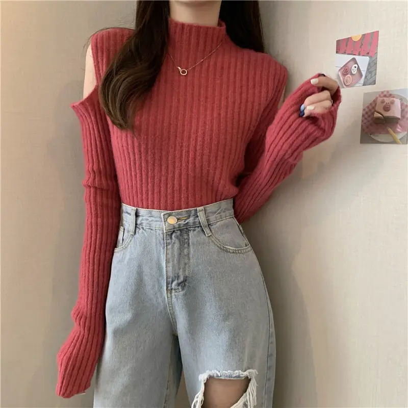 2024 Autumn Winter Pullover Knitwear Turtleneck off-the-Shoulder Sweater for Women Woman Sweaters Femme Chandails Pull Hiver