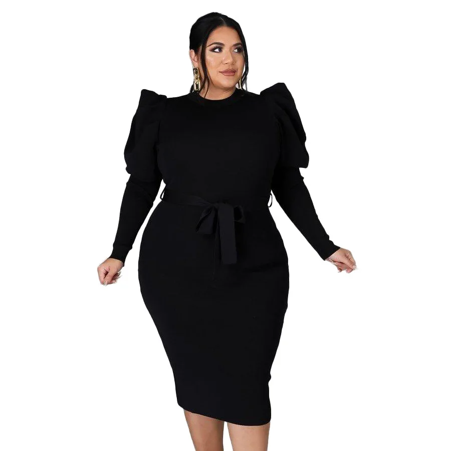 Spring and Autumn Women's Clothing Plus Size Curved Dress Round Neck Full Sleeve Skirt Simple Fashion Outfit Casual Street Wear