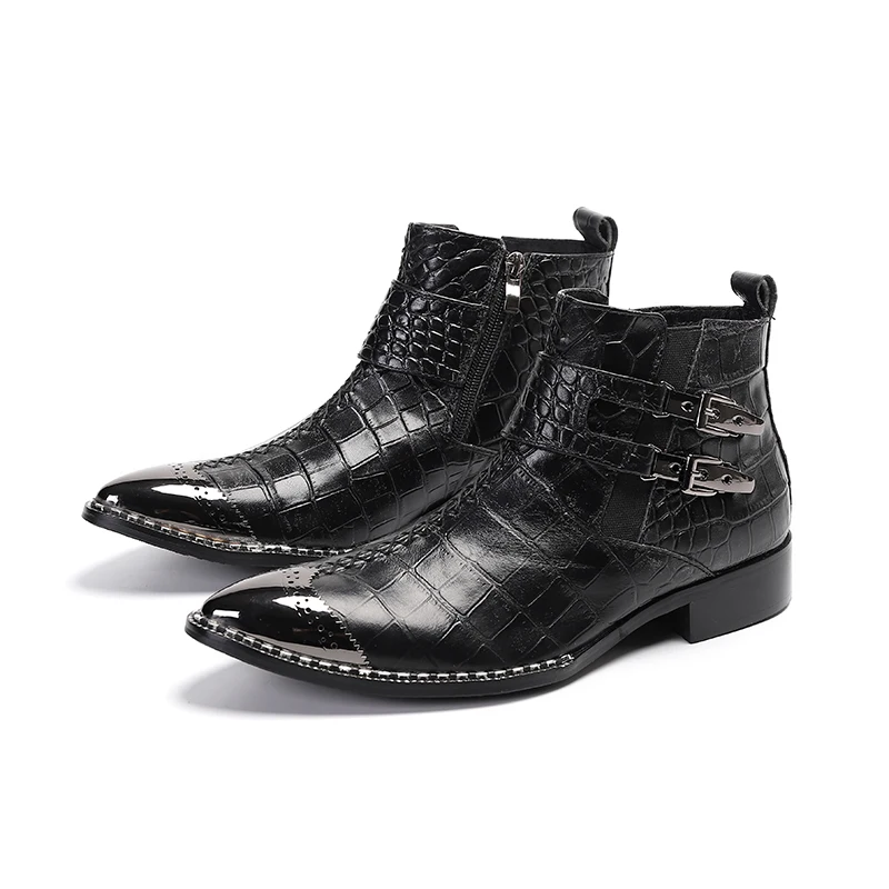 

Rock British Fashion Men's Dress Boots Black Buckles Man's Genuine Leather Ankle Boots Shoes Flats Heels Personality Size 38-47