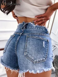 Sexy apertado rasgado borla mulheres denim shorts perna larga vintage cintura alta jean shorts feminino 2021 verão casual senhoras shorts quentes