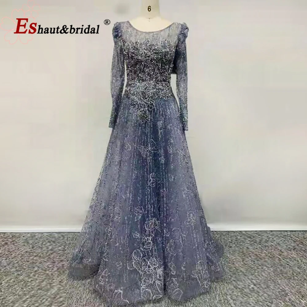 Elegant Dubai Evening Dress for Women 2024 Long Sleeves O Neck Aline Crystal Lace Formal Prom Wedding Party Gowns Customized