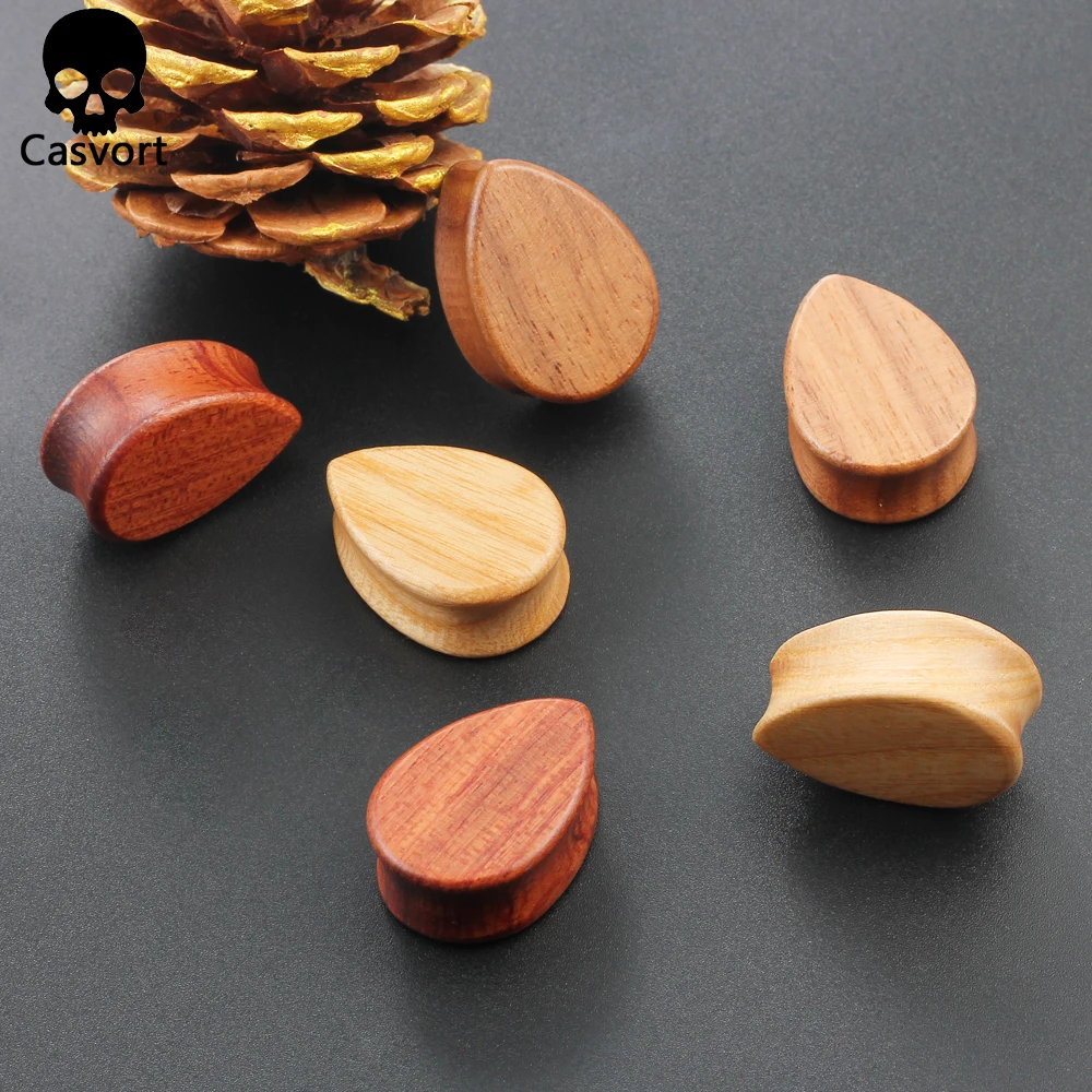 Casvort 2 PCS Teardrop Round Sandalwood Walnut Wood Double Flared Ear Plugs Tunnels Gauges Stretcher Piercings Body Jewelry