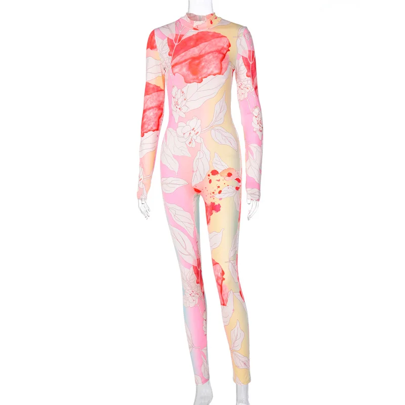 Kobiety tie dye print pełna rękaw jesienne kombinezony skinny elastyczne sportowe kombinezony treningowe kolorowe casual activewear outfit