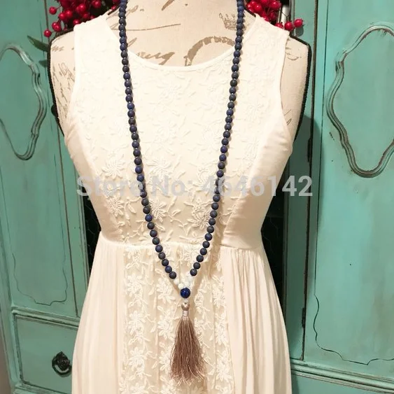 Summer vintage Long Lapis Stone Tassel Pendant Women Accessories Necklace Jewelry