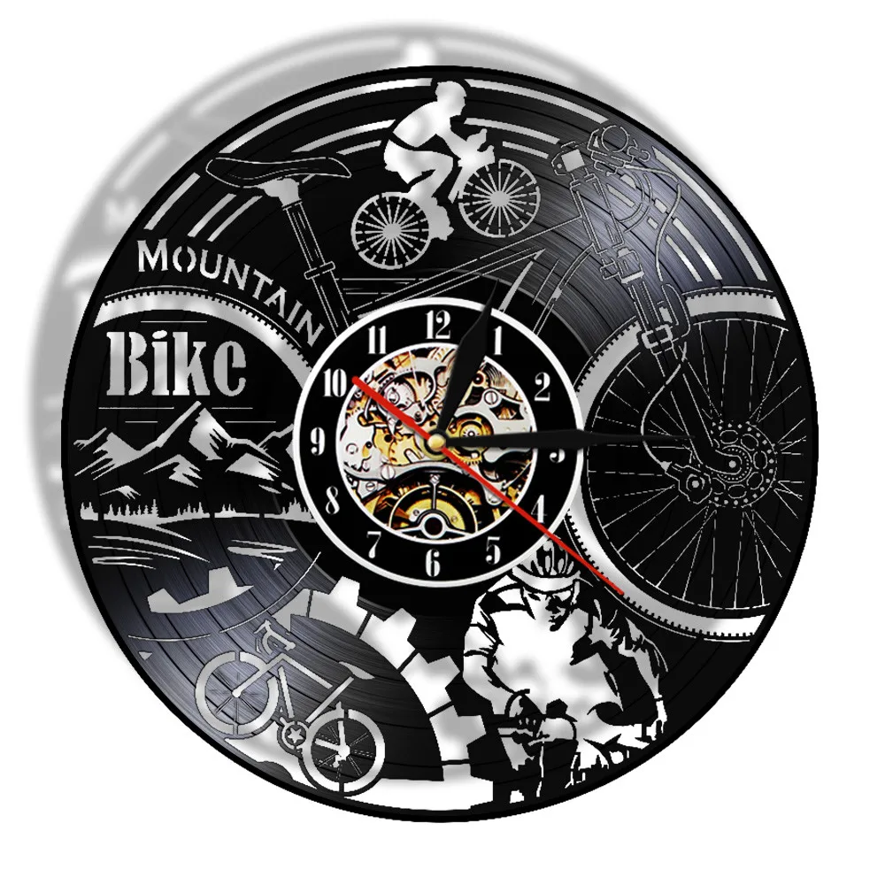 Mountain Bike Vinyl Record Wall Clock Cycling Bikers Decorative Silent Quartz Clock Cyclist Biker Gifts Wall Art Hanging Decor