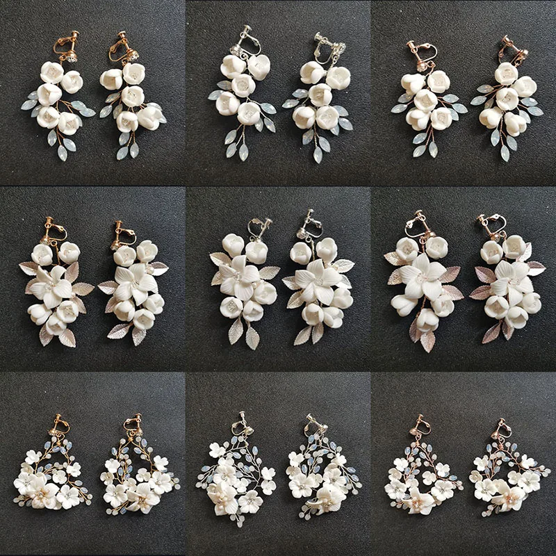 

SLBRIDAL Handmade Rhinestones Crystals Pearl Ceram Flower Bridal Dangle Earring Wedding Chandelier Earring Fashion Women Jewelry