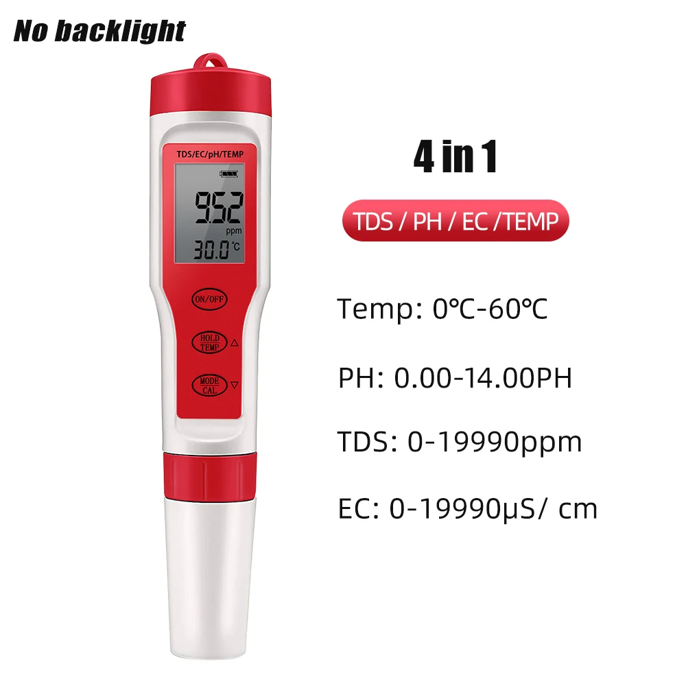 Professional Digital Water Tester 4 in 1/3 in 1 Test EC/TDS/PH/TEMP Water Quality Monitor Tester Kit for Pools Drinking Water