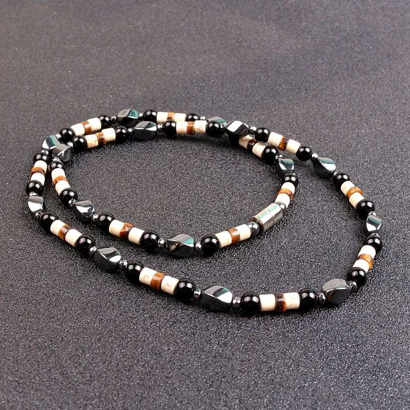 

Black 6mm Stones Bead with Hematite spacer beads Surfer Necklace for men tribal jewelry