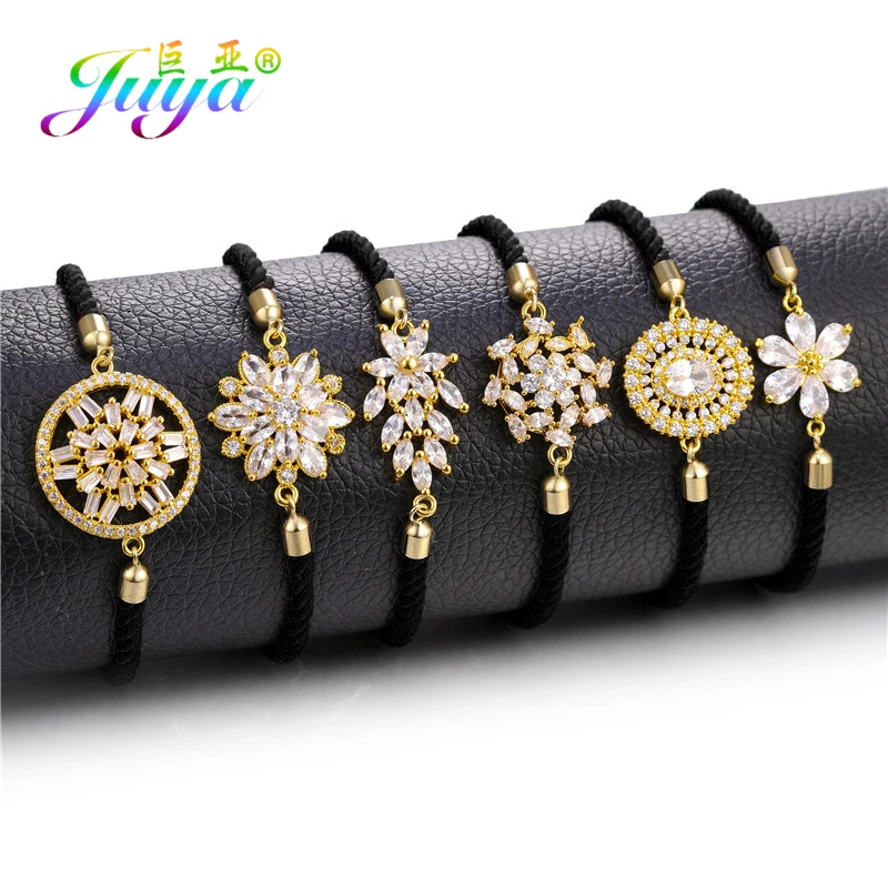 Juya Handmade Red Thread Bracelet Supplies Cubic Zirconia Flower Charm Bracelet For Women Fashion Adjustable String Bracelet