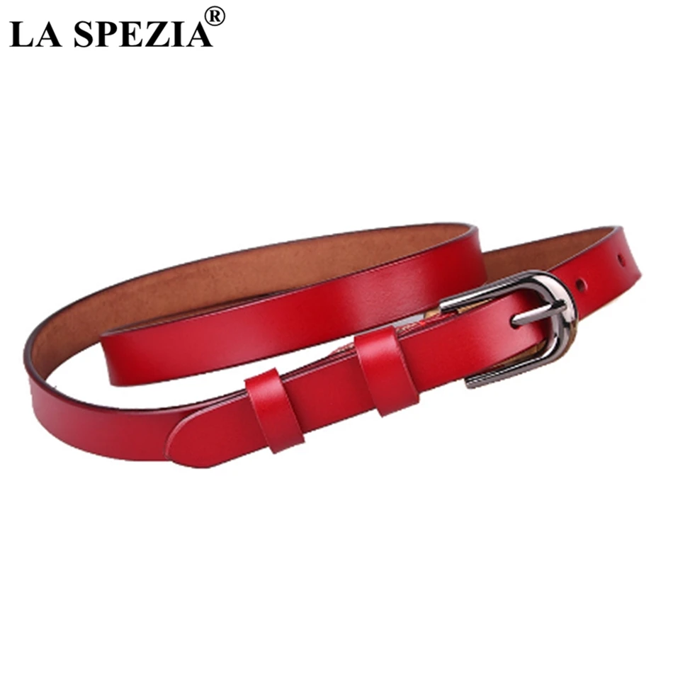 LA SPEZIA Women Belt Jeans Real Leather Thin Belts Ladies Brand Vintage Genuine Cow Leather Female Red Pin Buckle Belt 115cm