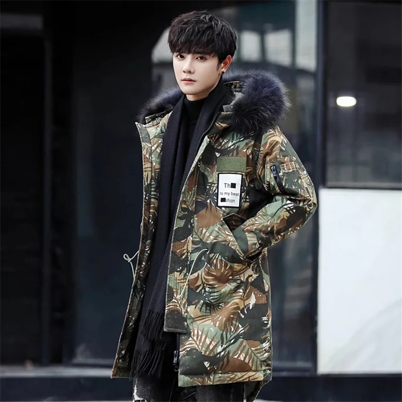 Inverno camuflagem para baixo jaquetas homens longo parkas grosso quente luxo destacável gola de pele pato branco para baixo casacos blusão