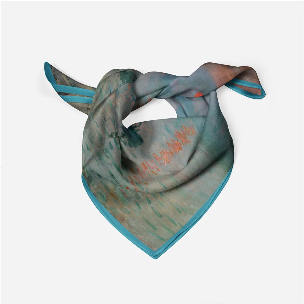 Sciarpa di seta Twill donna tramonto pittura sciarpe quadrate avvolge Bandana piccolo Hijab Foulards di seta cravatta fascia fazzoletto da collo 53CM