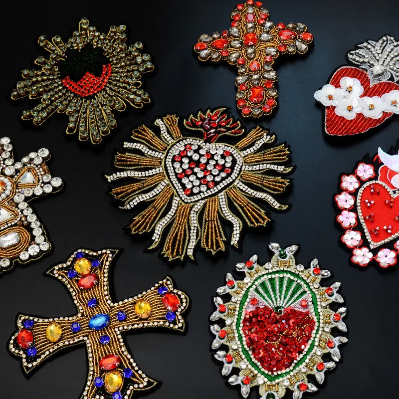 1PCS Large Size Fashion Sequins Beaded Cross Sew On Patches for Clothing Beading Applique for DIY Bags Shoes Socks