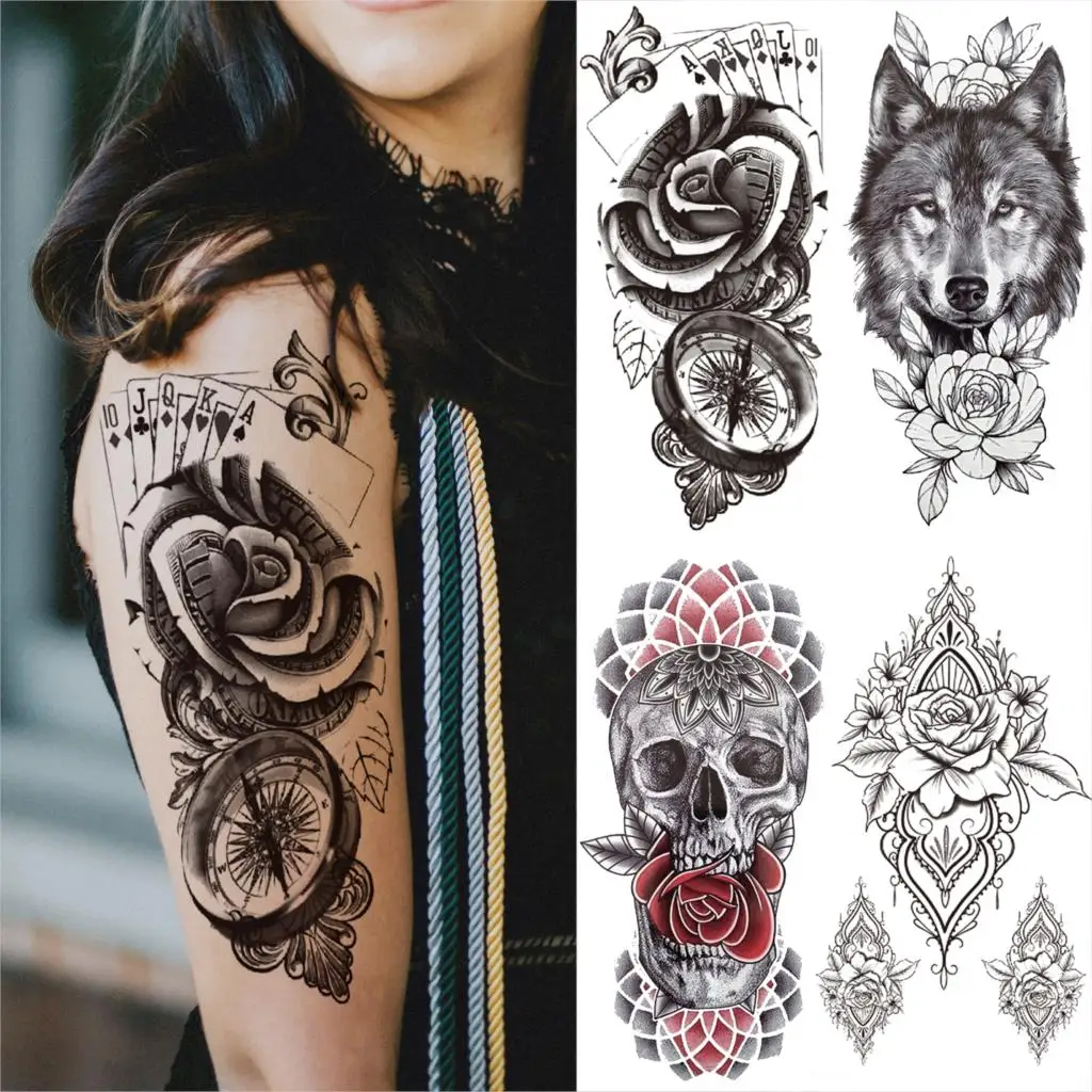 Black Compass Rose Temporary Tattoos For Women Men Realistic Poker Wolf Skull Fake Tattoo Sticker Washable Half Sleeve Tatoos