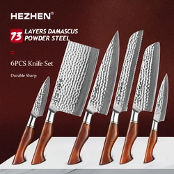 HEZHEN 1-6PC Knife Set 73 Layer Damascus Powder Steel Kitchen Tools Cook Knives Chef Cleaver Santoku Utility Paring Bread Knives