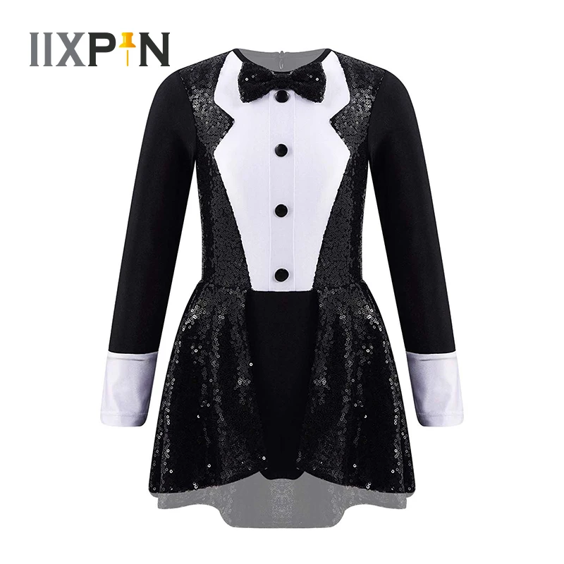 Girls Ballet Dress Long Sleeves Bow Tie Shiny Sequins Dance Gymnastics Leotard Kids Modern Jazz Dance Costume Ballroom Dancewear