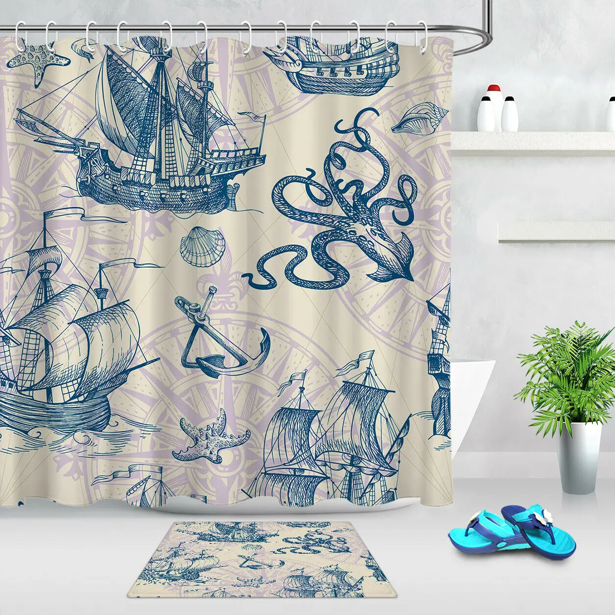 Uniqued Hand Drawn Vintage Sailing Octopus Fabric Shower Curtain Bathroom Set