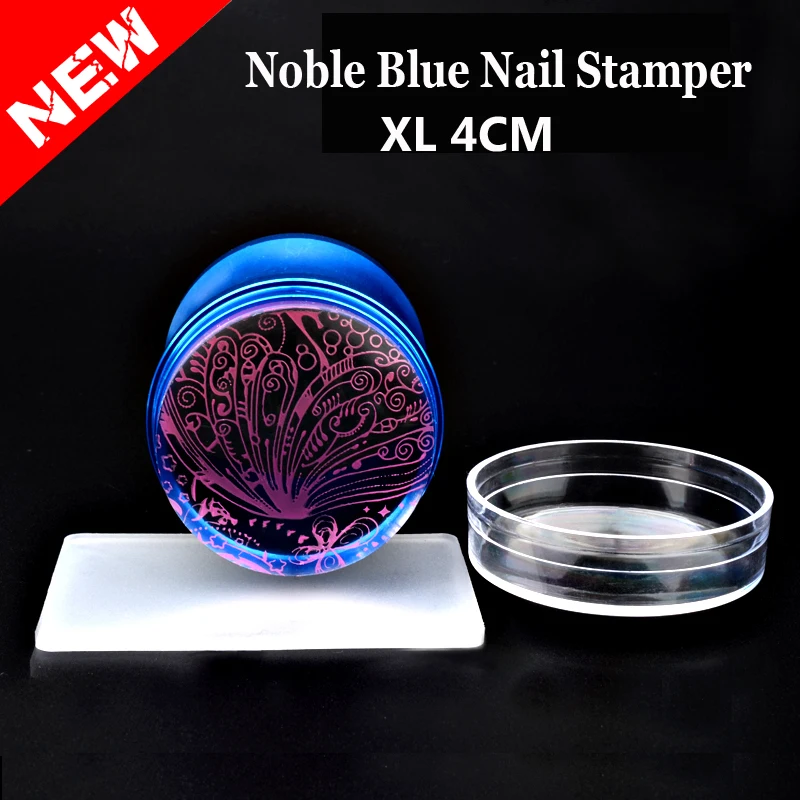 New Noble Blue Top Quality Metal Handle XL 4cm Jelly Silicone Nail Stamper Scraper Set with Cap DIY Polish Print Stamping Tools