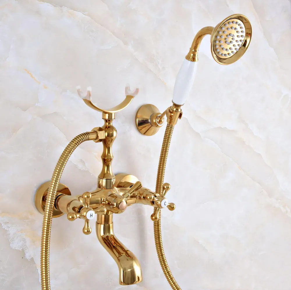 Luxury Golden Brass Double Handle Wall Mounted Bathroom Bath Tub Faucet Set with 1.5M Hand Held Shower Spray Mixer Tap 2na916