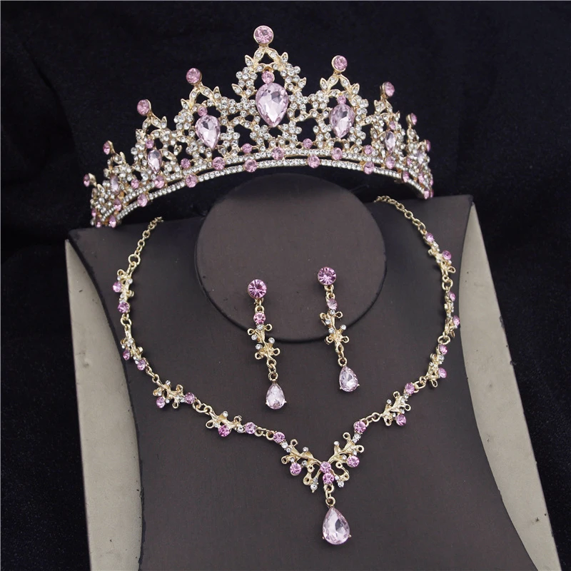 Gorgeous Red Crystal Bridal Jewelry Sets for Women Fashion Tiara Crown Bride Necklace Sets Earring Prom Wedding Accessory