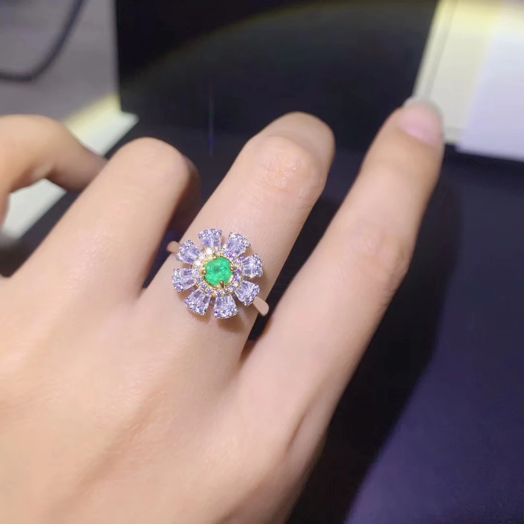 925 pure silver Chinese style natural Emerald women's fresh exquisite flower adjustable gem ring fine jewelry support detection