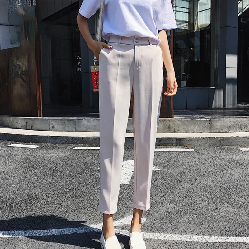 

Korean Casual Women Solid Pants Female Vintage Straight Button Fly Trousers Mujer Pockets Full Length High Waist Pantalones