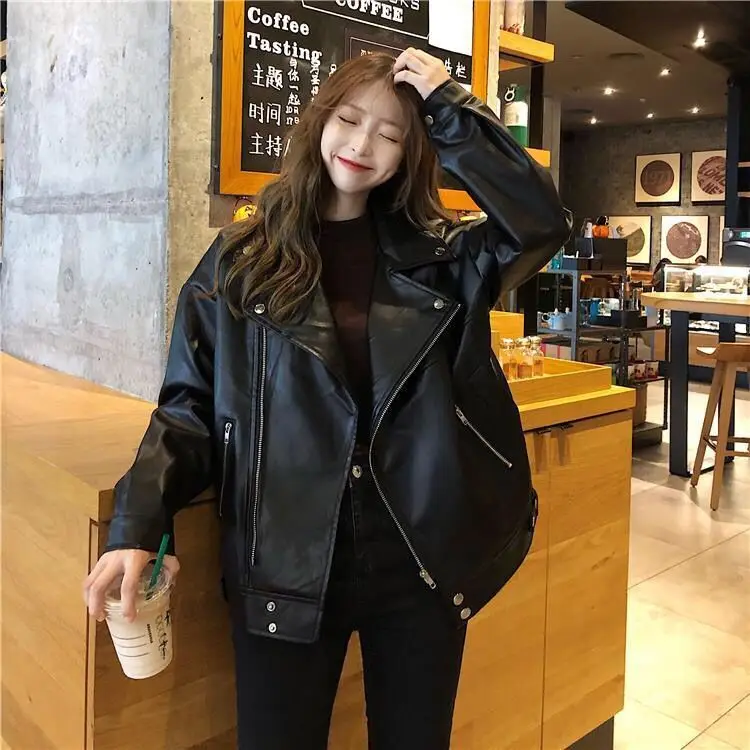 New Loose PU Faux Leather Jacket Women Classic Moto Biker Jacket Autumn Winter Lady Basic Coat Plus Size Outerwear