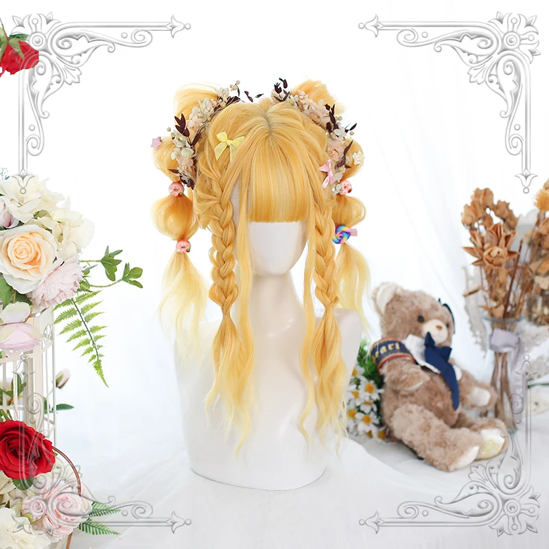 

Female Long Wavy Golden Yellow Bangs Wig Women Curly Wigs Lolita Cosplay Party