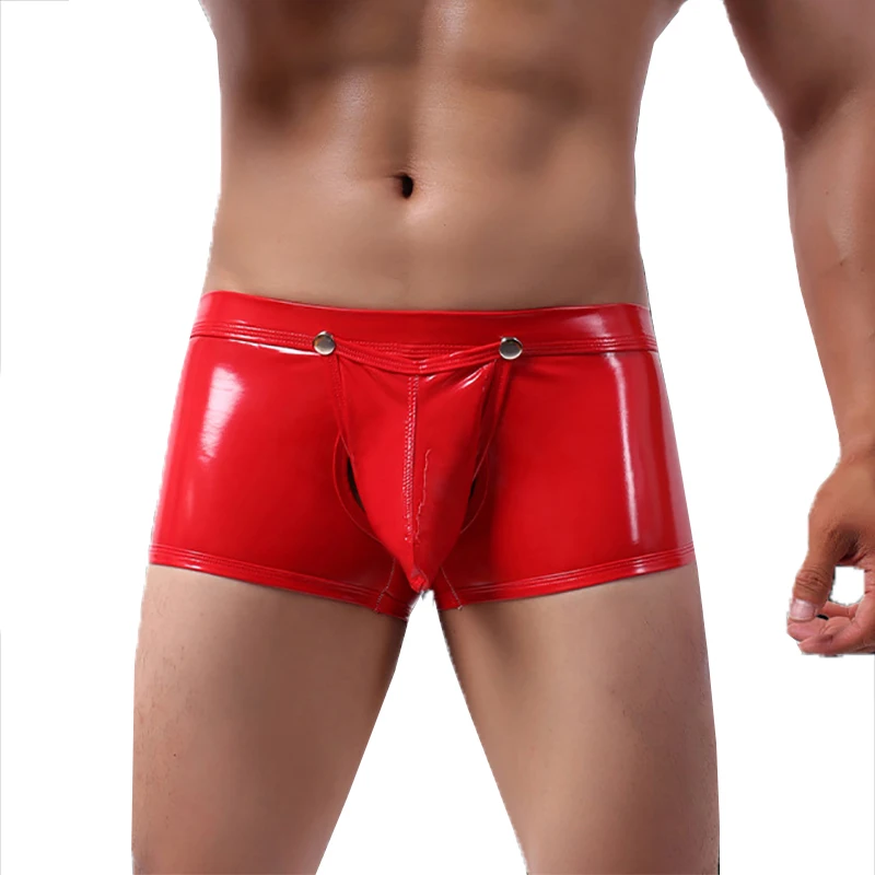 

Mens Boxer Shorts PU Leather Button Open Crotch Clubwear Boxershorts Jockstrap Open Butt Latex Underwear Bugle Pouch Panties 2XL