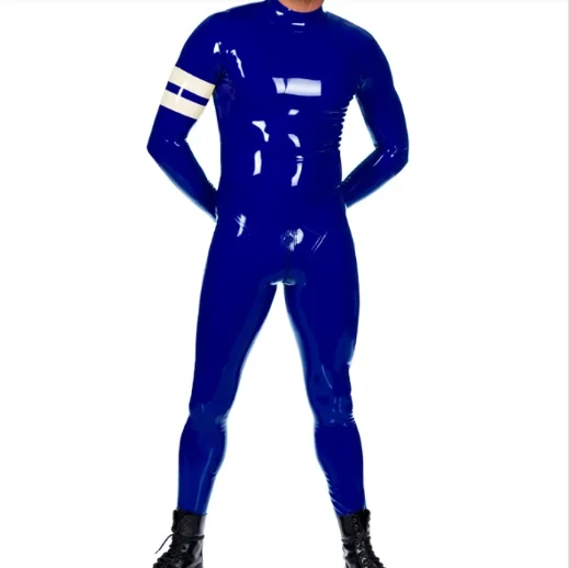 

Latex Rubber Dunkelblau Catsuit Dekoratives Weiß Kostüm Anzug Zip 0.45mm XS-XXL