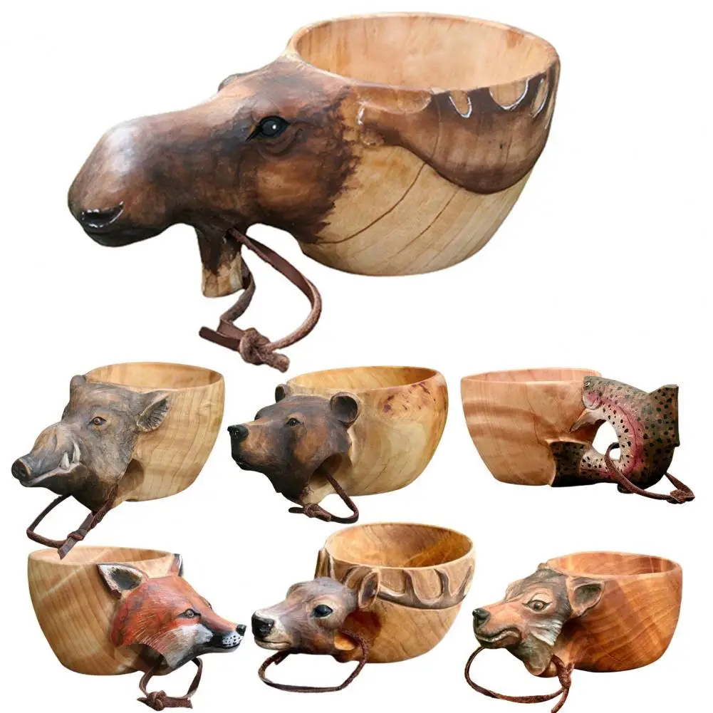 Wooden Mug Animal Shape Portable Camping Drinking Cup Hand Carved Outdoor Cup w/Lanyard for Coffee Tea Milk Cup Birthday Gift