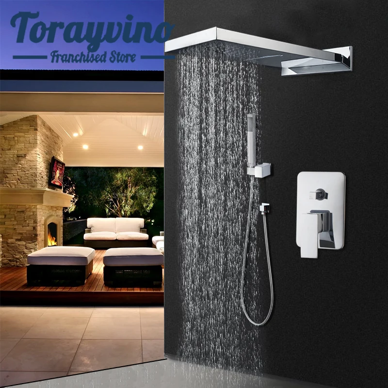 Torayvino shower system Bathroom gold & chrome/gold rectangle waterfall/rainfall shower with head shower hot & cold mixer taps