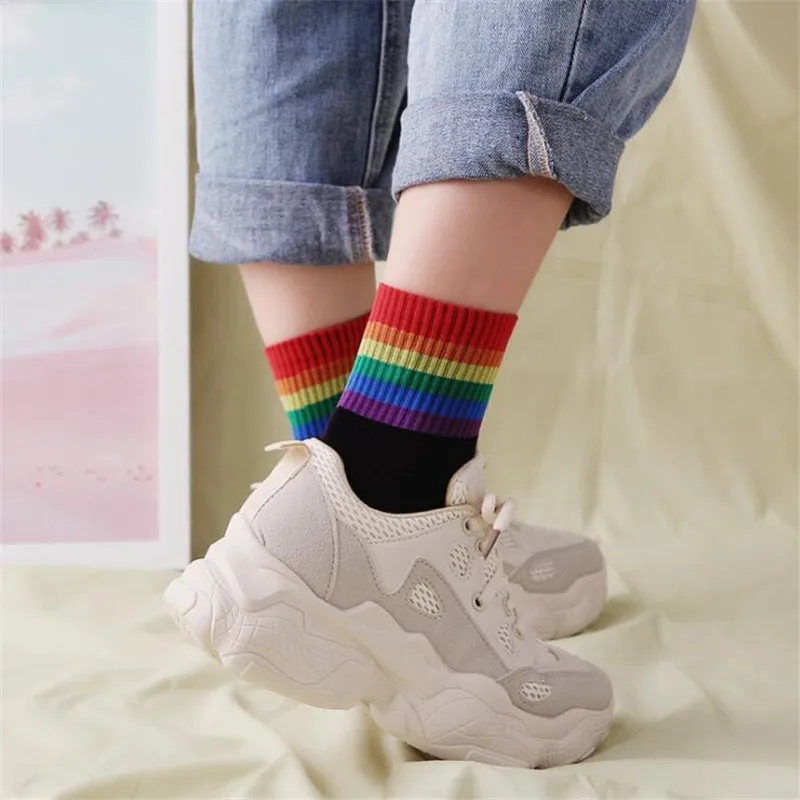 2020 Ins Spring Rainbow Socks Women Summer Cotton Colorful Striped Harajuku Girl Standard Streetwear Short Socks Female Meias