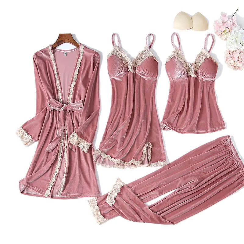 Women Velvet 4PCS Pajamas Set Sexy Patchwork Lace Trim Sleepwear Nightgown Loose Casual Kimono Bathrobe Gown Patchwork Lace