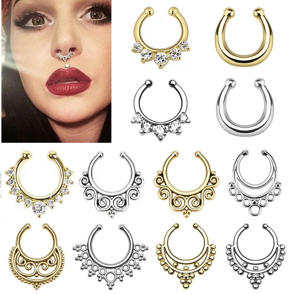 Mieszane style przegroda fałszywy Piercing 16g złoty kolor stal Falso przegrody pierścienie nosowe wiele kształtów Clicker dla mężczyzn biżuteria do ciała Piercing