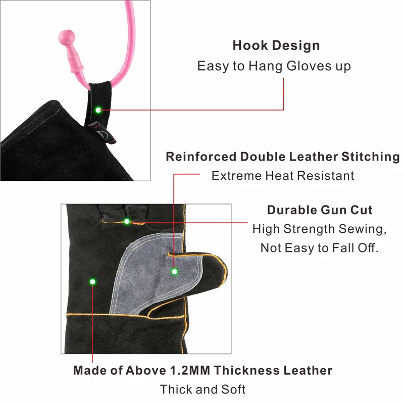 Imagem -03 - Luvas de Trabalho de Couro de Duas Camadas Longas Preto-cinza Soldagem Churrasco Fogão Lenha Alta Temperatura Seguro de Trabalho Novo 2024