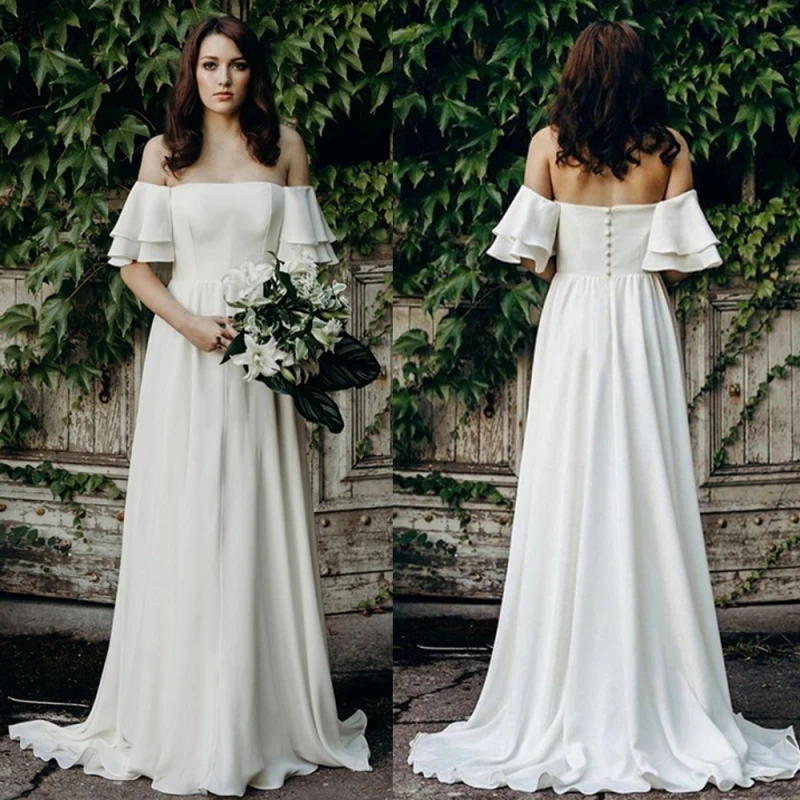 

Modern Beach Bridal Wedding Dresses 2023 Chiffon Off Shoulder Sleeves Gowns Boho Strapless Sweep Train